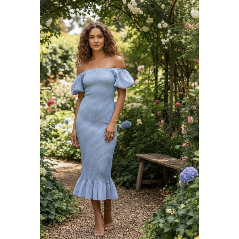 Baltic Born Alana Smocked Midi Dress Womens‎ S Light Blue Off Shoulder NEW NWT